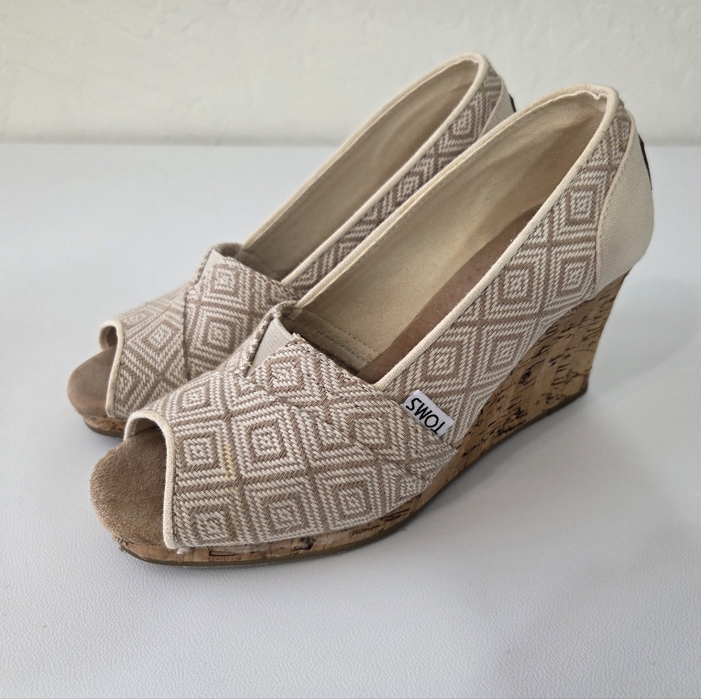 TOMS Cream Canvas Cork Wedge Peep Toe Heels